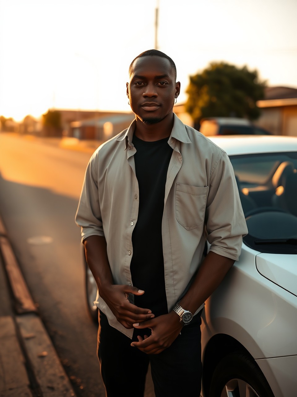 Realeboga, instructor at Zonke Bonke Driving School, beside the school car in morning light.